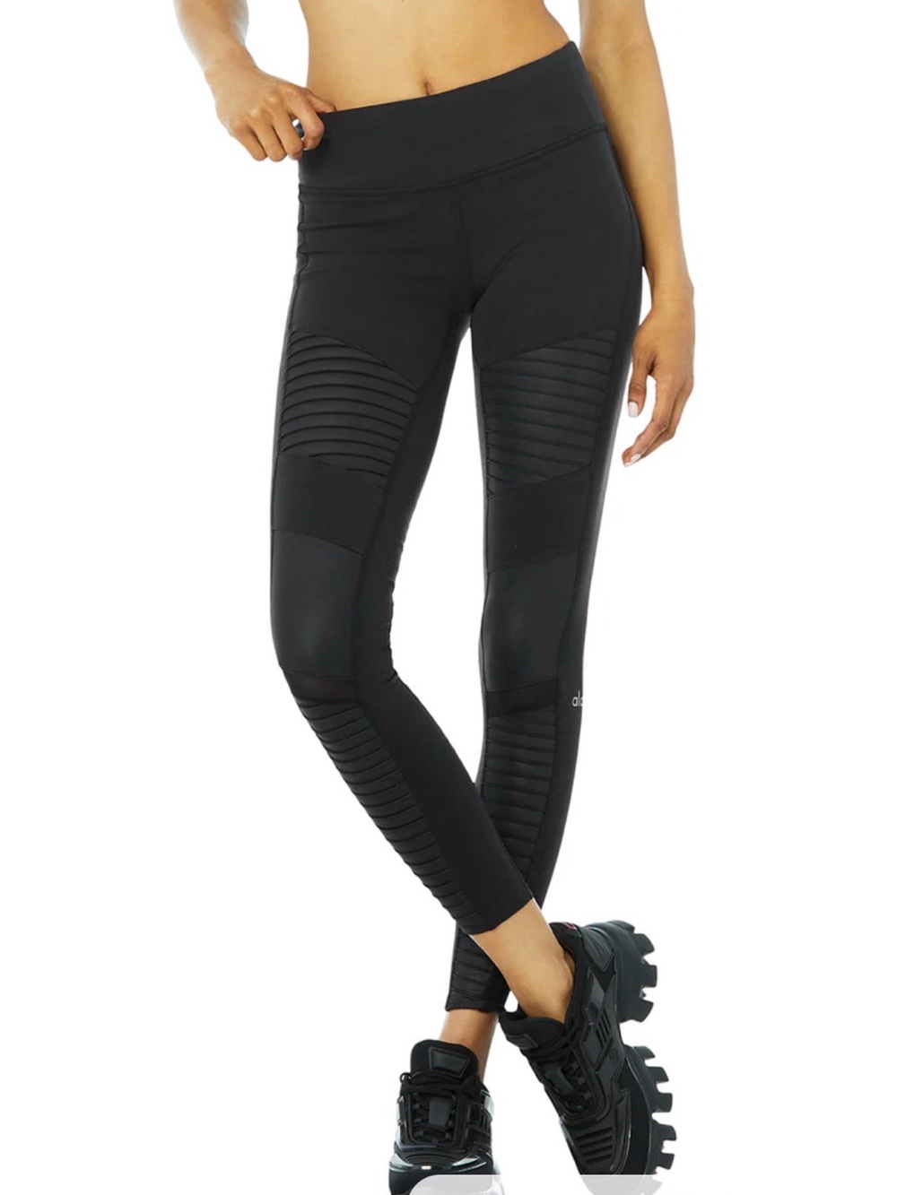 Alo - High-Rise Black Moto Ribbed Leggings | Size M - Black